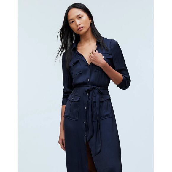 Madewell Button Front Utility Shirtdress in Satin Deep Indigo Blue NWT S - Picture 1 of 14